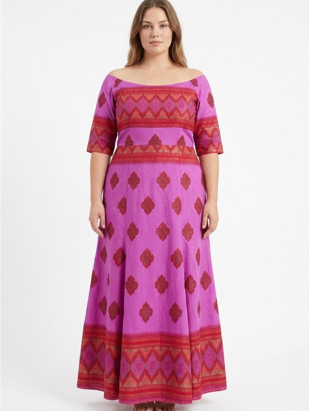 Off-Shoulder Magenta Patterned Ankara Maxi Dress